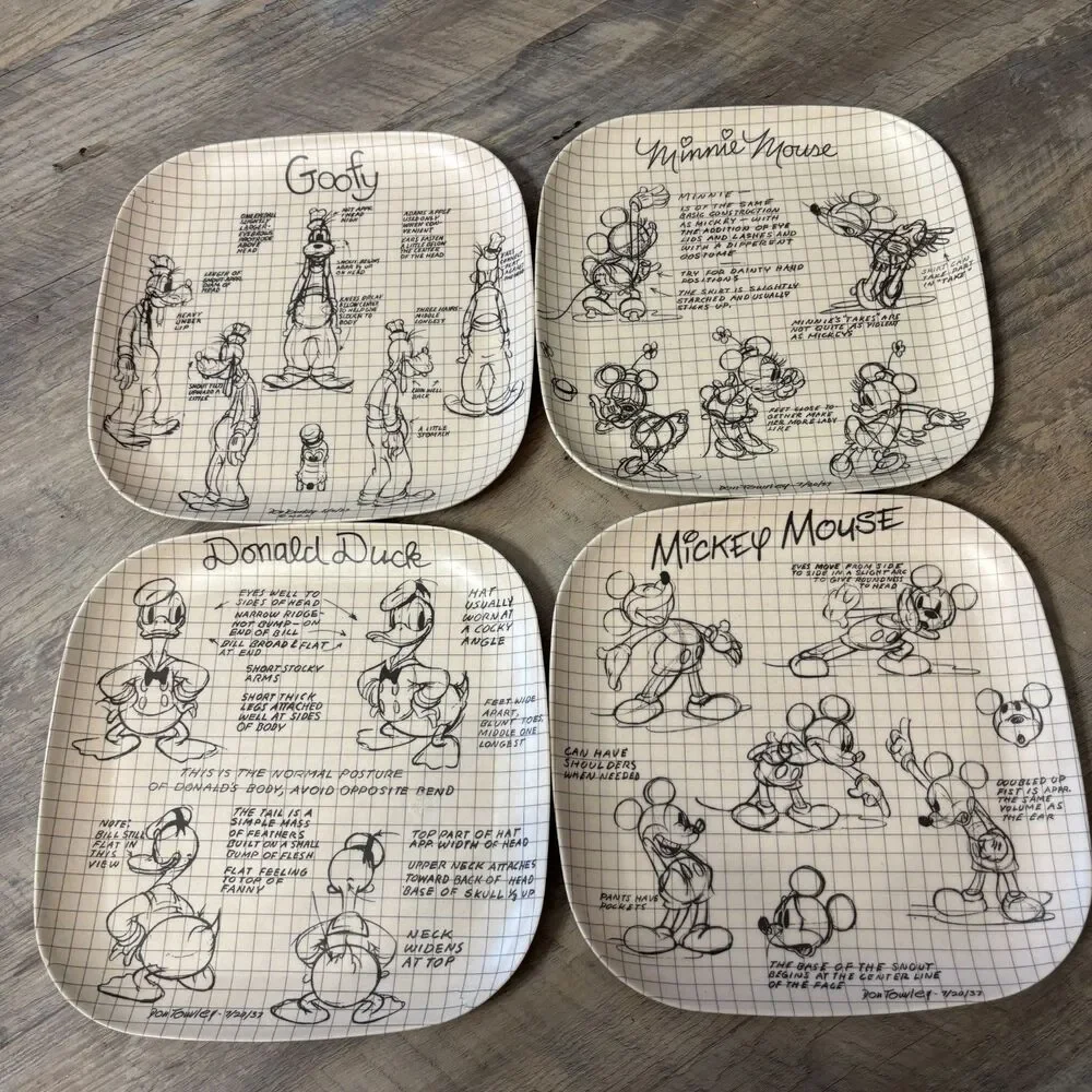 Disney Character Set Of 4 Sketchbook Plates Mickey/ Minnie/ Donald/ Goofy 9.5